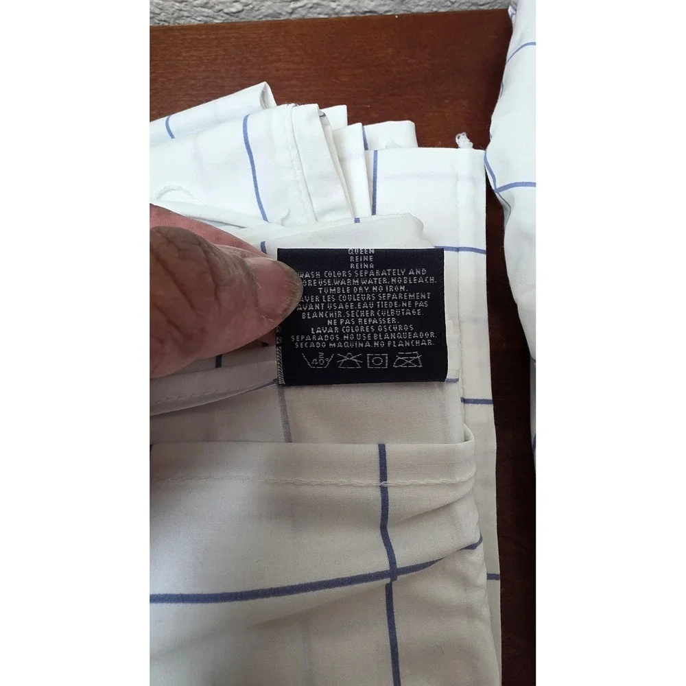 Ralph Lauren Windowpane Check Queen Sheet Set White Blue 100% Cotton Made in USA